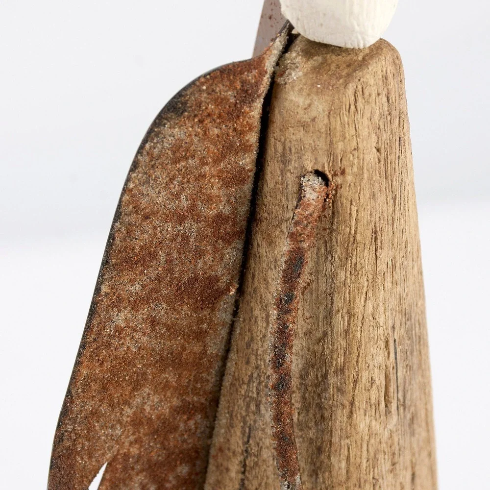 Primitive Wood Angel Figure Rusted Metal Wings Farmhouse Decor Large 16.5